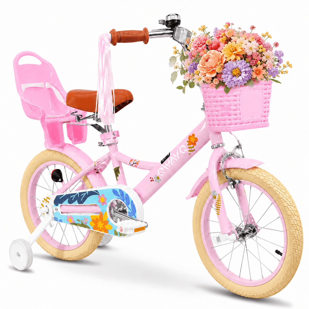 QWAYQ Kids Bike for 3-5 Years Old, 14" Children Bicycle with Training Wheels, Doll Seat and Basket, Girl's Bikes with Handbrake, Pink