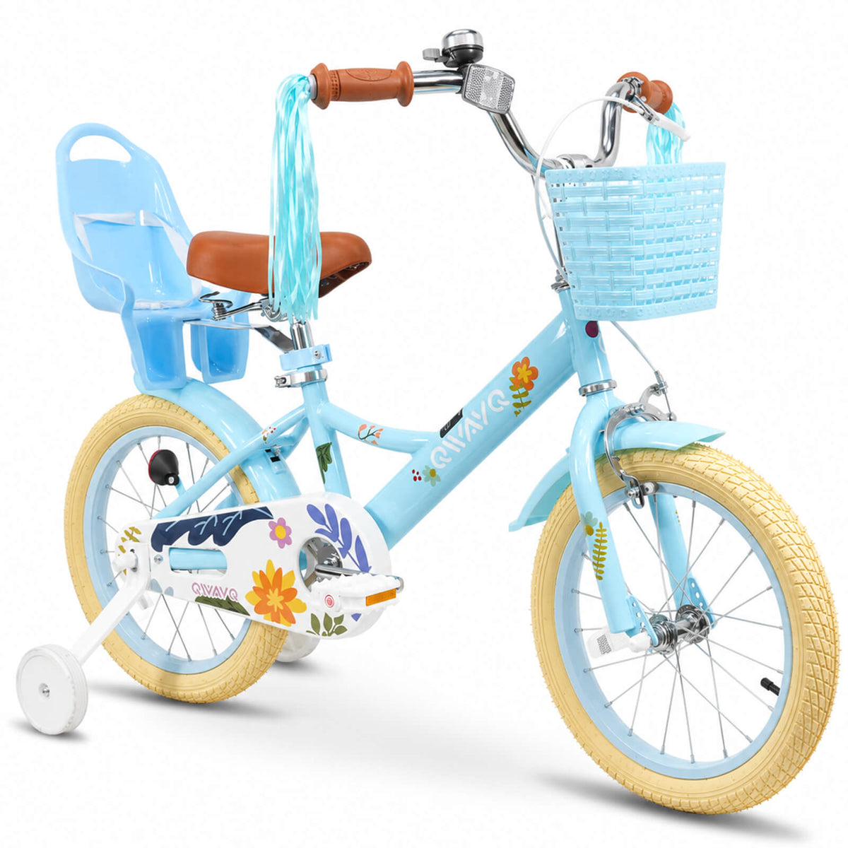QWAYQ Kids Bike for 4-7 Years Old, 16" Children Bicycle with Training Wheels, Doll Seat and Basket, Girl's Bikes with Handbrake, Blue